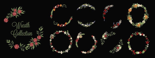 Set of vector floral wreaths isolated different wild and garden flowers collected in wreaths for further design cards wedding designs or invitations