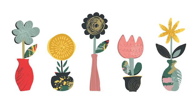 Set of vector flowers in pots with hand drawn texture