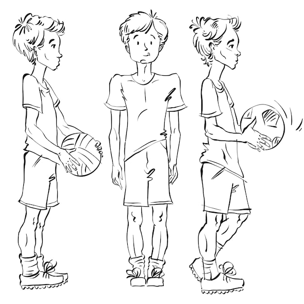 Set of vector full-length hand-drawn Caucasian teens with a soccer ball, black and white front and side view sketch of youngsters, monochrome illustration of standing boys.