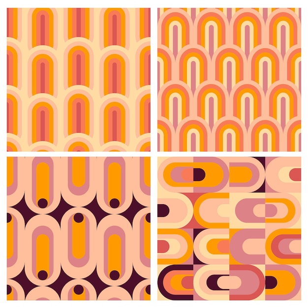 Vector set of vector geometric seamless patterns groovy vibes of 70s psychedelic pattern designs disco