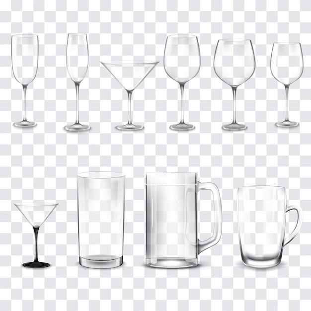 Set of vector glasses Set of transparent vector glasses for wine martini champagne and other