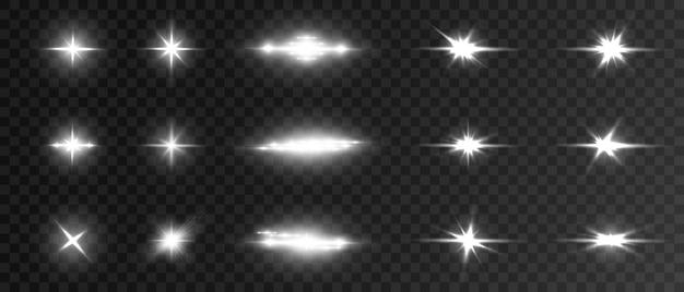 Set of vector glowing light effects explosion with glitter on star transparent background