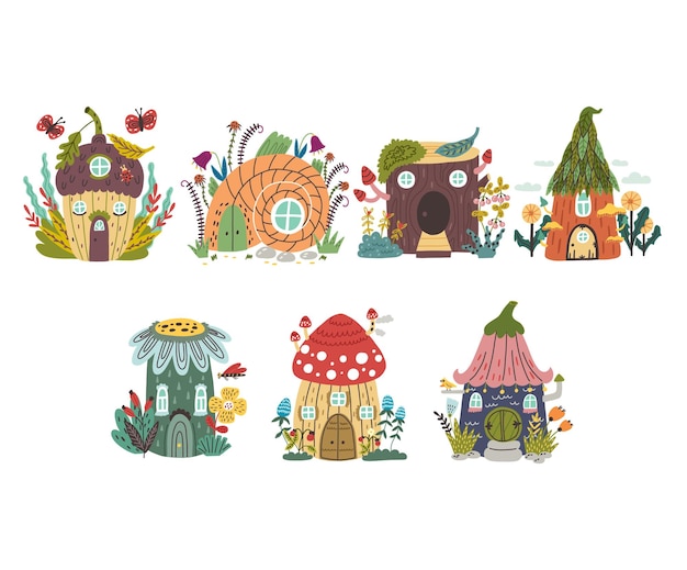 Set vector gnome forest houses Fairy tree elf dwarf magic village Mushroom flower acorn stump home doodle hand drawn naive art isolated building element