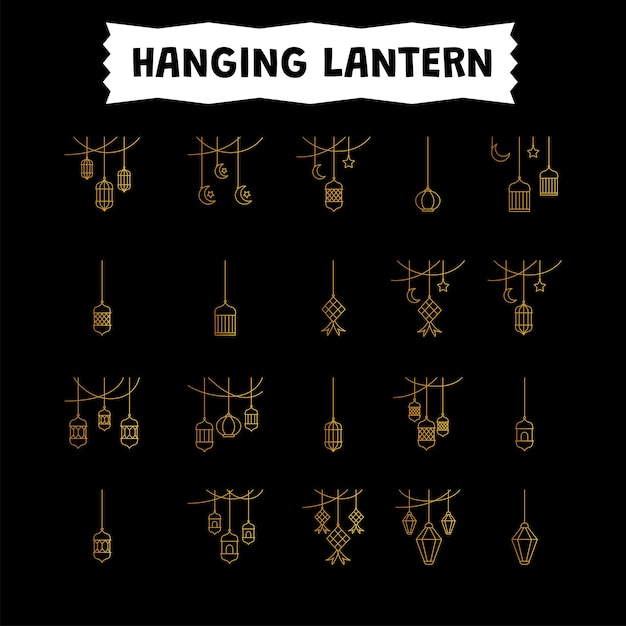 Set of vector gold hanging lantern