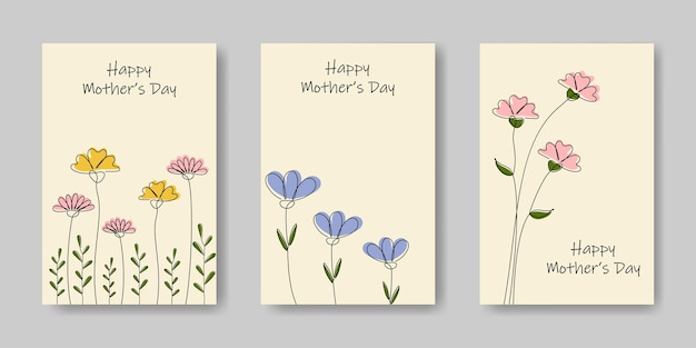 Set of vector greeting cards for mother's day xACollection of backgrounds with minimalistic line drawing flowers