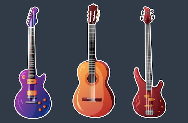 Set of vector guitars Acoustic guitar bass guitar electric guitar Stickers