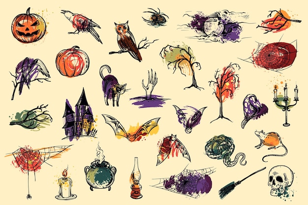 Set of vector Halloween hand drawn elements in sketch style and abstract texture