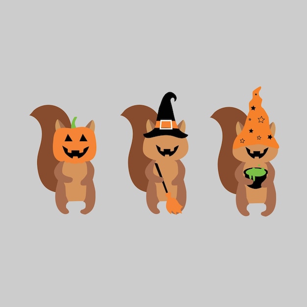 Set of vector Halloween symbols. Halloween characters, squirrels with a hat and a broom