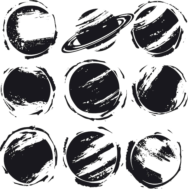 Set of vector hand drawn grunge style black planets and round signs