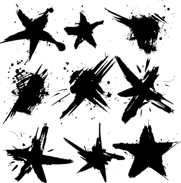 Set of vector hand drawn grunge style black stars signs