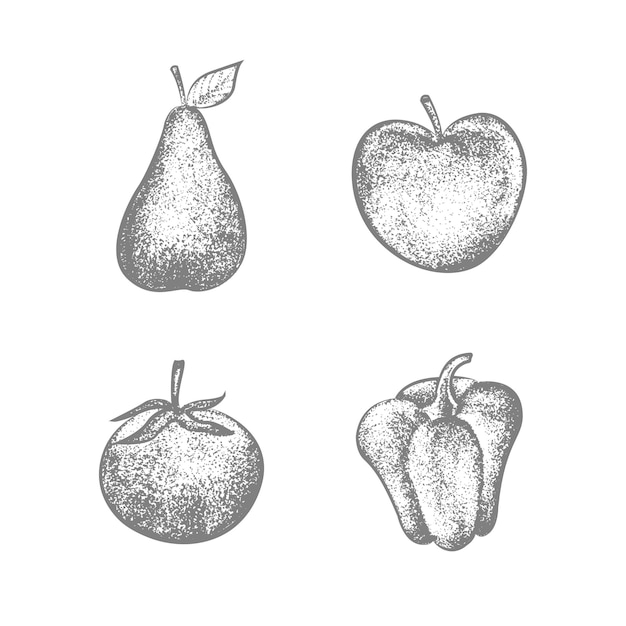 set of vector hand drawn tomato apple pepper and pear