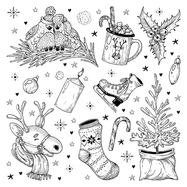 Set of vector handmade ink line Christmas elements