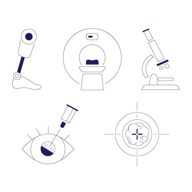 set of vector icons on medical topics prosthetics, laser vision correction, microscope, MRI and more