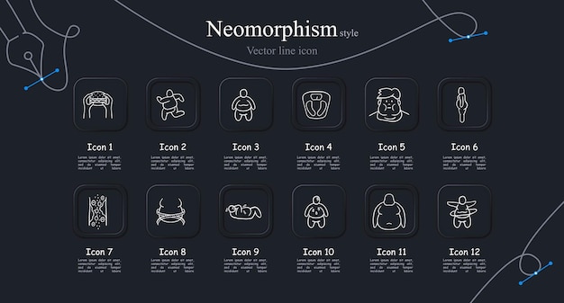 Set of vector icons representing obesity Overweight person body mass index scale tape measure unhealthy food Neomorphism style Vector line icon