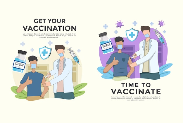 set of vector illustration fight covid 19 corona virus people fight virus and vaccination