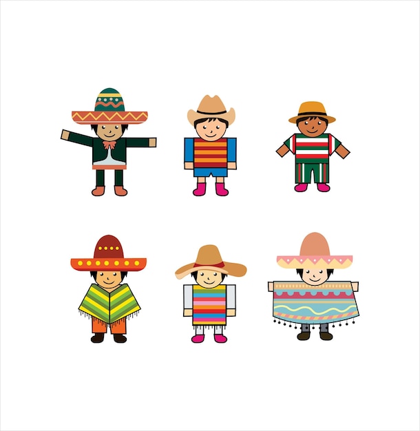 Set Of Vector Illustration Mexicans children Wearing Traditional Costumes