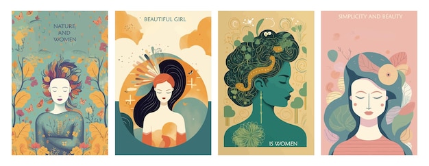 Set of vector illustration posters depicting natural simple beautiful and calm women in modern style