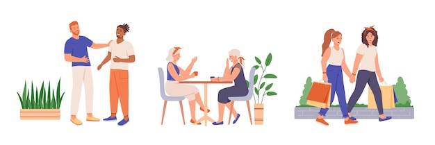 Set of vector illustrations about leisure activities of adults Vector characters having good time with friends Meetings in cafe shopping together Men have funny dialogue