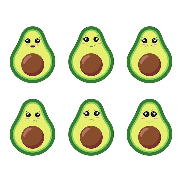 A set of vector illustrations of avocado with different emotions