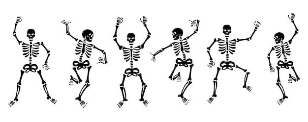 Set of vector illustrations of black graphic skeletons dancing energetically and having fun