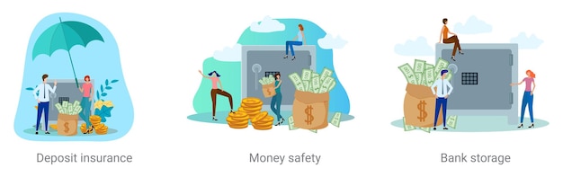 A set of vector illustrations on a business topic Deposit insurance money security bank storage