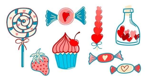 A set of vector illustrations, cakes, caramels, strawberries, a carmel stick in the style of a doodle, the style of the 80s, Valentine's day, Romantic illustration for postcards, posters, stickers