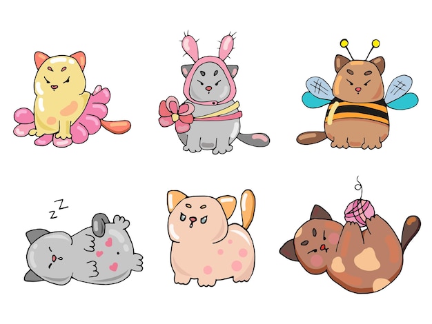 Set of vector illustrations of funny cartoon cats