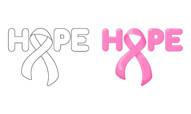 Set of vector illustrations Hope with Pink Ribbon isolated on white background