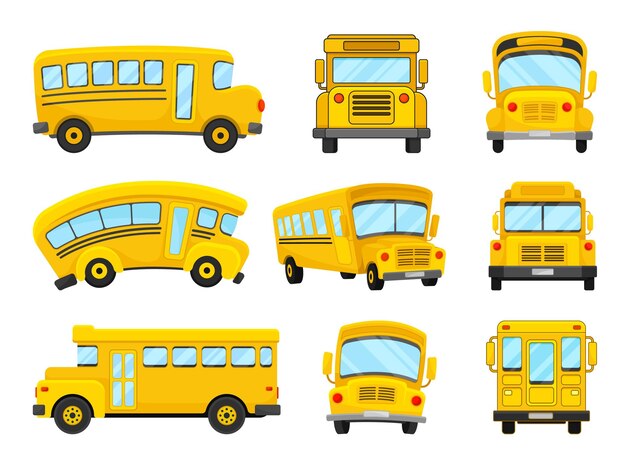 Vector the set of vector illustrations of nine bright yellow school buses