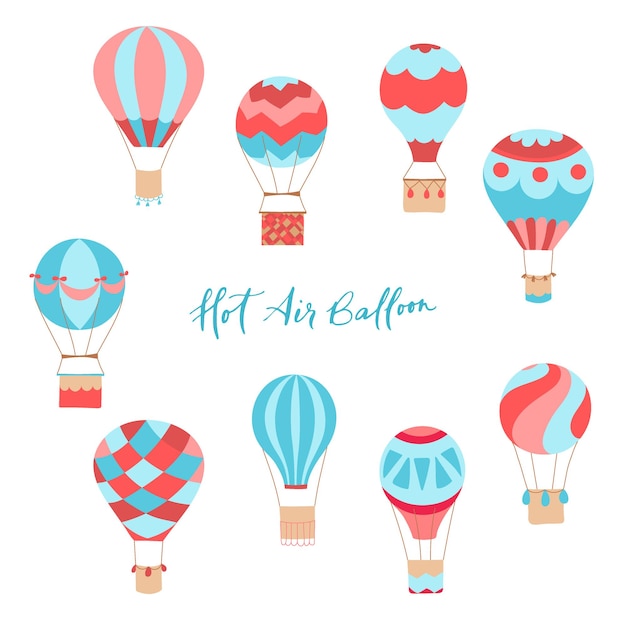 Set of vector illustrations of outline hot air balloon on sky