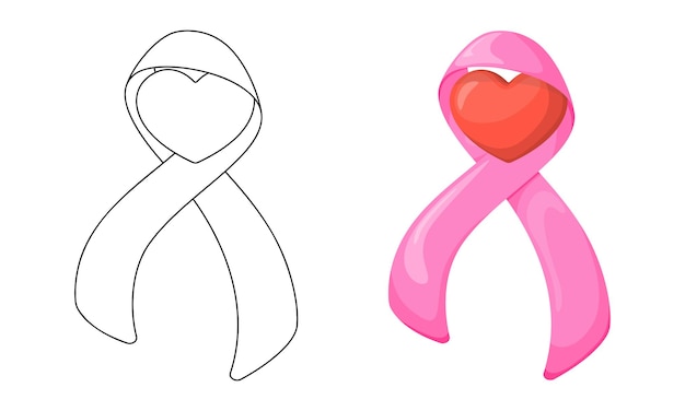 Set of vector illustrations A red heart wrapped in a pink ribbon isolated on white background