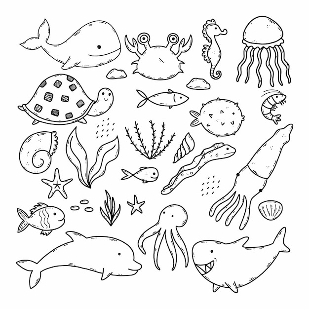 Set vector illustrations with marine animals Collection doodle drawings Coloring book for children World Ocean Day Design postcard