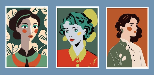 Set of vector illustrations with portraits of beautiful women in retro style