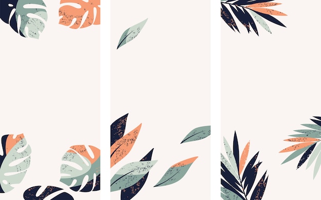 Set of vector illustrations with tropical leaves for instagram story