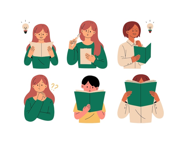 Set of vector illustrations of young girls reading books and doing homework