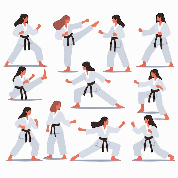 Vector set of vector images of people doing karate movements