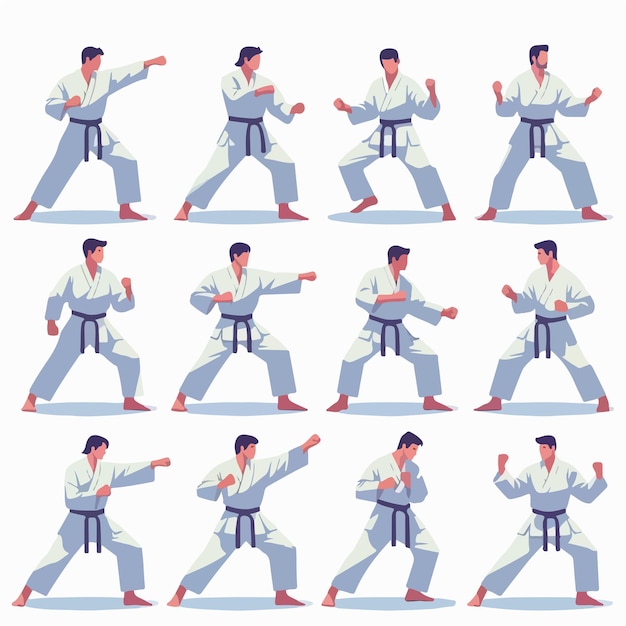 Vector set of vector images of people doing karate movements