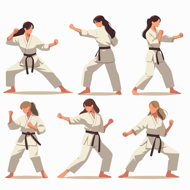 Vector set of vector images of people doing karate movements