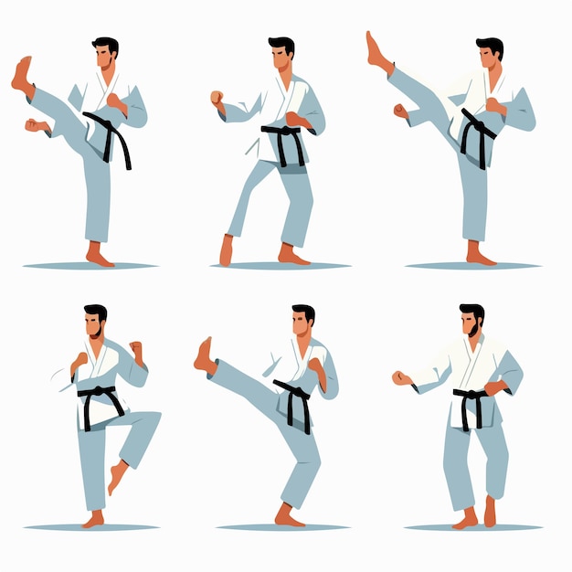 Vector set of vector images of people doing karate movements