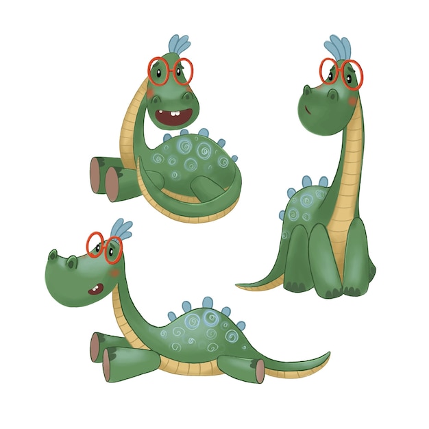 A set of vector images with sitting lying and standing dinosaurs