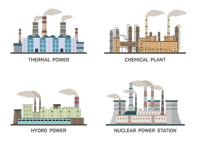 Set of vector industrial flat illustration of different types of power plants