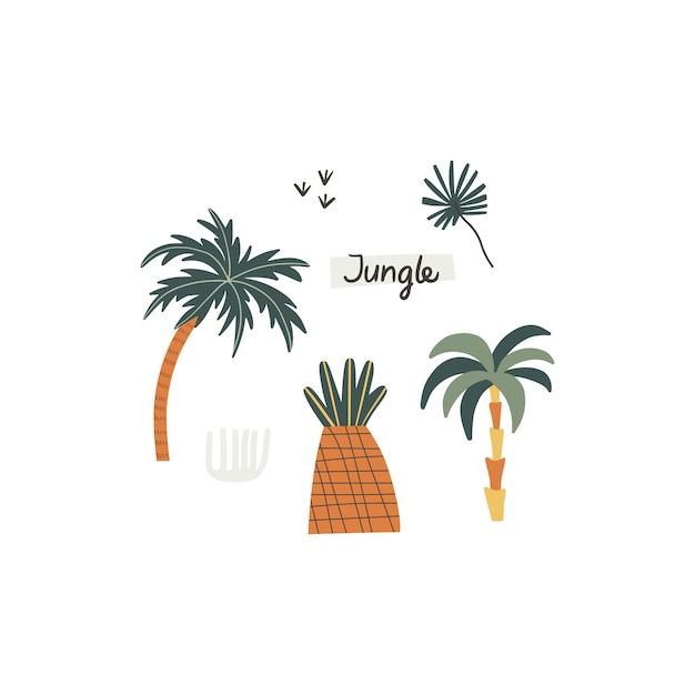 Set of vector jungle tropical plants drawing in handdrawn style Vector illustration isolated on white background Composition for kids design Card poster