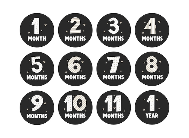 Set of vector lettering stickers today I'm 1 2 3 4 5 6 7 8 9 10 11 12 months old Happy birthday greeting card for baby under one year old Colored handwritten illustrations