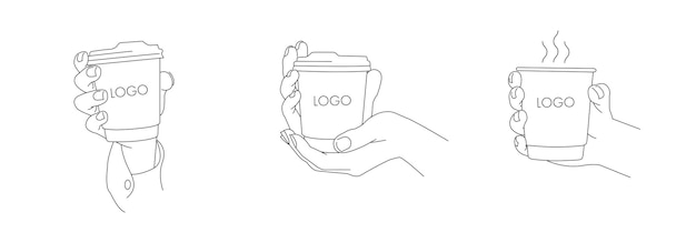 Set of vector line illustrations of hands holding paper coffee cup various positions coffee to go