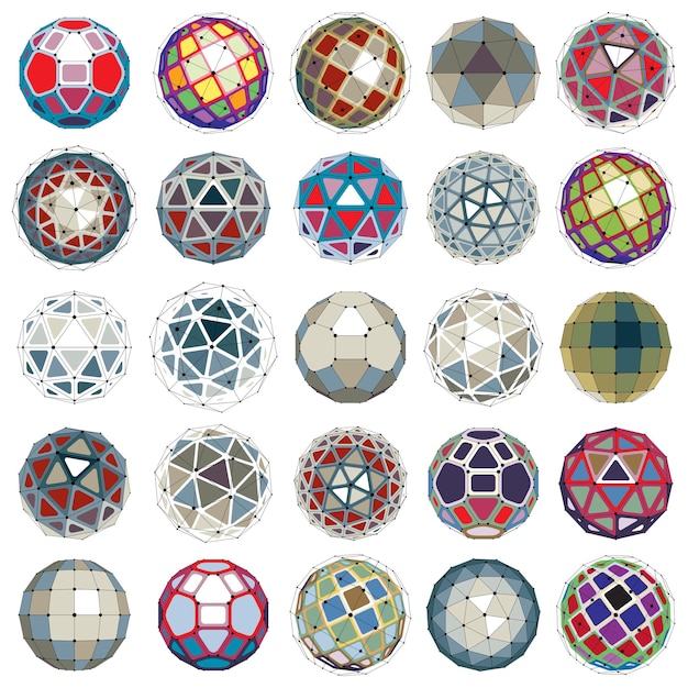 Set of vector low poly spherical objects with connected lines and dots, 3d geometric wireframe shapes. Perspective trigonometry facet orbs created with triangles, squares and pentagons.