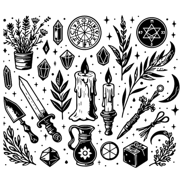 Vector a set of vector magic elements an occult set for sorceresses hand drawn dagger candle crystals