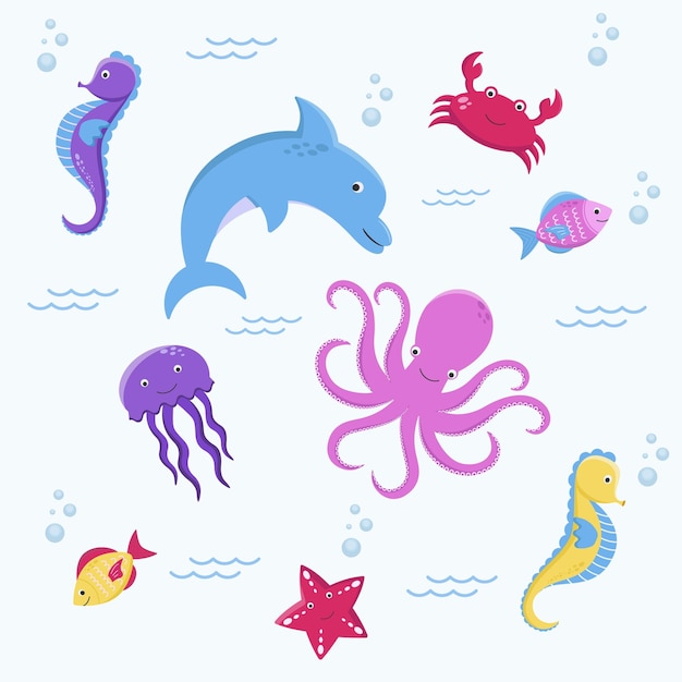 Set of vector marine animals Marine characters Illustration for children education preschool kids