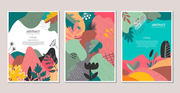 Set of vector modern artistic posters with hand drawn textures heart shapes flowers