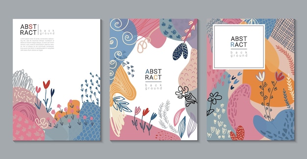 Set of vector modern artistic posters with hand drawn textures heart shapes flowers