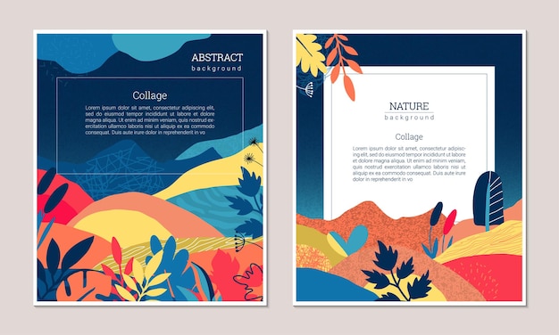 Set of vector modern artistic posters with hand drawn textures plants